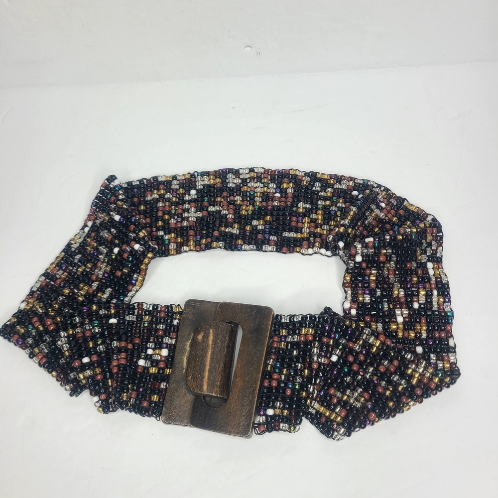 Vintage Womens Beaded Elastic Belt Wooden Buckle‎ Stretch Boho Hippie Retro